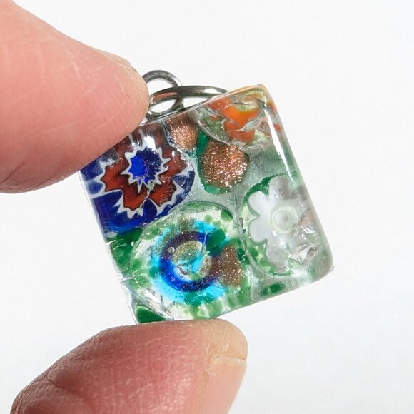 Small Murano glass square jewelry pendant, Murano glass Millefiori charm - Picture 1 of 8